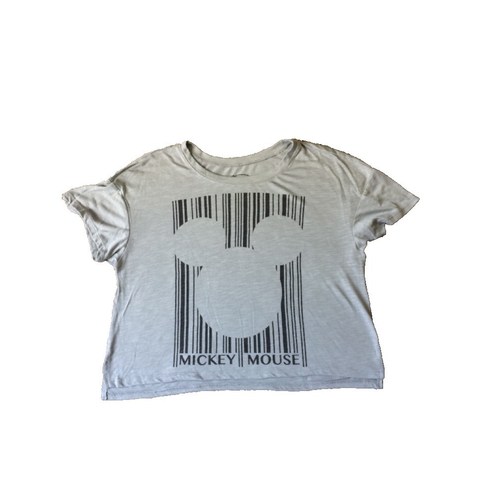 Disney Mickey Mouse Barcode Graphic T Shirt Women XL Grey Short Sleeve Crop Top